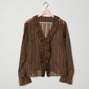 Vtg 80s Brown Metallic Stripe Sheer Ruffle Blouse L